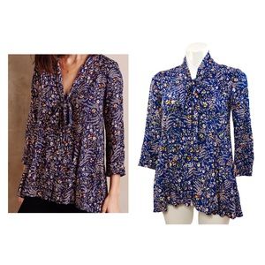 Maeve Anthropologie Floral Swing Pussy Bow Top